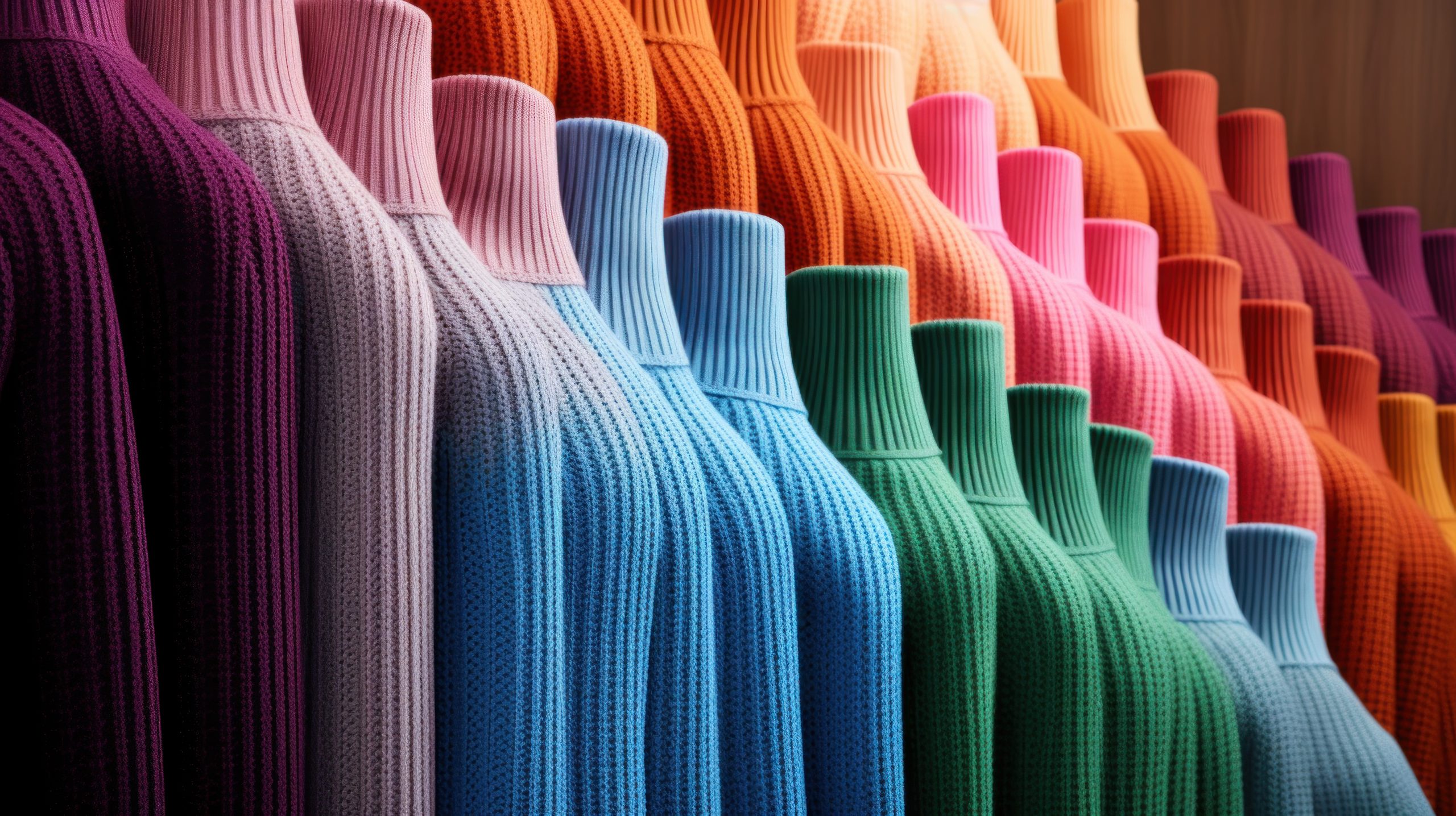 Multicolored turtleneck sweaters lined up in a row. Multicolored turtleneck sweaters lined up in a row.